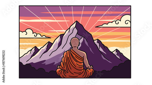 Meditating Monk Vector Illustration: Peaceful Spiritual Journey, Orange Robe, Mountain Meditation Retreat, Serene Mindfulness, isolated on transparent background.