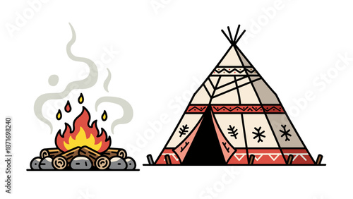 Cozy Camping Scene: Bonfire and Teepee Illustration, Adventure Icon, Vector Graphic for Outdoor Lifestyle, Isolated on Transparent Background