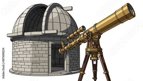 Illustrated Observatory Building with Telescope Pointing at the Cosmos, for Space Exploration and Scientific Discovery, isolated on transparent background.