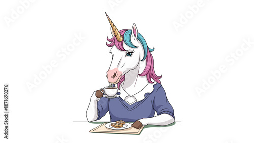 Elegant Unicorn Having Coffee: Cartoon Character Design, Mythical Creature enjoying Morning Beverage, Coffee Break, Isolated on transparent background for Graphic Design