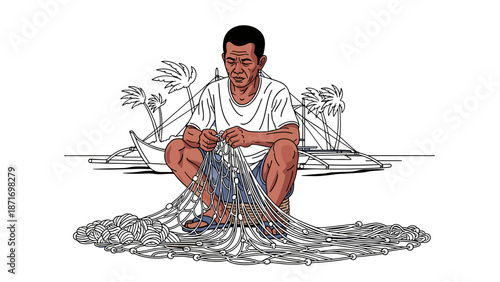 Traditional Fisherman Repairing Net, Seascape Illustration. Hardworking man fixing fishing gear, cartoon style character vector isolated on transparent background for stock illustration.
