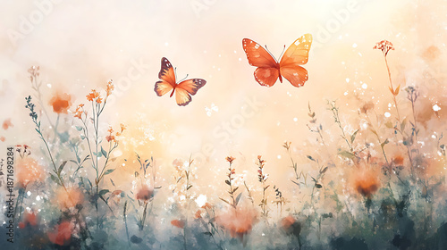 Two Orange Butterflies Fluttering Over a Field of Wildflowers at Sunset.