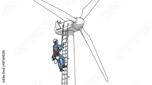 Wind Turbine Technician Climbing Ladder - Renewable Energy Maintenance, Engineer Repairing Windmill Power Generator, Green Energy Job, isolated on transparent background