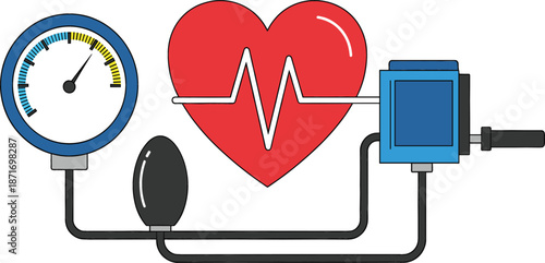 Flat vector illustration of a blood pressure monitor with a gauge and pump connected to a red heart for medical health and hypertension concepts.