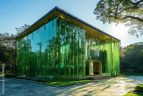 Green glass building with sunlight and tree background, sustainable architecture concept, Generative AI