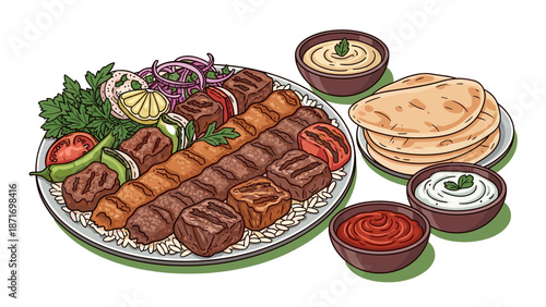Delicious Middle Eastern Kebab Plate Illustration, Grilled Meat, Vegetables, and Dips, Ready to Eat Feast, isolated on transparent background, Perfect for Food Lovers.