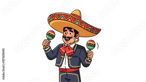 Happy Mariachi Man Shaking Maracas, Celebrating Cinco de Mayo Fiesta, Cartoon Vector, Mexican Culture Symbol, isolated on transparent background.