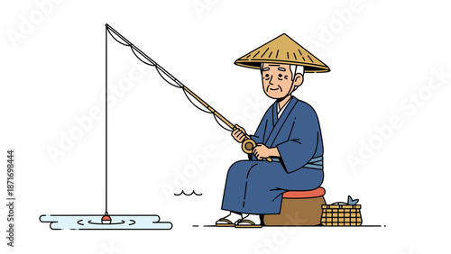 Japanese Fisherman Character: Serene Retirement Scene, Old Man Fishing, Traditional Asian Culture Vector Illustration, Isolated on transparent background.