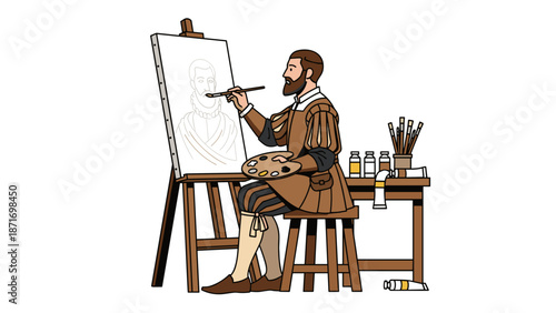 Renaissance Artist Painter Drawing Portrait on Easel - Vector Illustration Depicting Fine Art, Creativity and Artistic Skill isolated on transparent background.