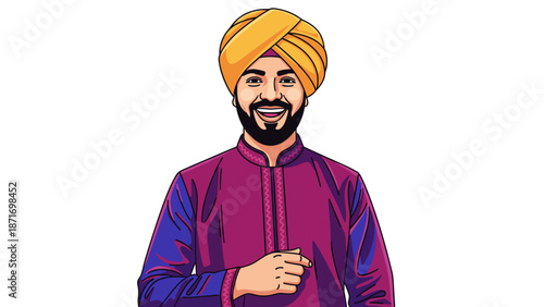 Cheerful Sikh Man Illustration, Diwali Celebration, Isolated on transparent background. Indian Culture, Festive Attire, Vector Portrait for Design Projects.