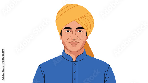 Smiling Sikh Man Portrait Illustration, Wearing Traditional Turban, Cultural Representation, Positive Expression, Isolated on transparent background.