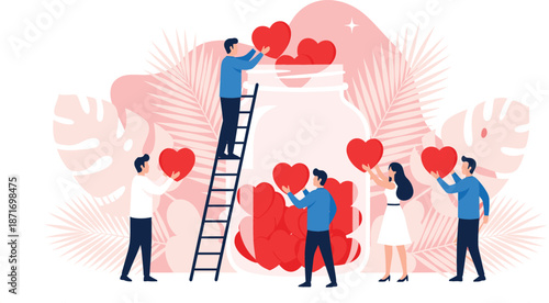 Flat vector illustration of a diverse group of people using ladders to put red hearts into a large glass jar for charity and donation.
