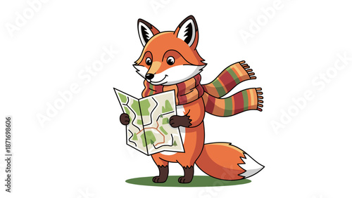 Cartoon Fox Adventure: Lost and Confused! Cute Animal Character Navigating with Map & Scarf, Vector Illustration, isolated on transparent background for graphic design