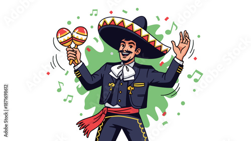Happy Mariachi Man Celebrating Cinco de Mayo, Shaking Maracas, Isolated on Transparent Background. Mexican Fiesta Vector Illustration for Party, Music, and Celebration.