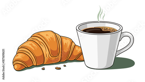 Fresh Croissant and Coffee Vector Illustration for Cafe Menu, a Delicious Morning Breakfast, Isolated on transparent background, Perfect for Food Blogs, and Restaurant Promotion.