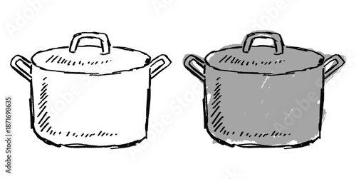 Grunge sketch handdrawn boiling pot vector for rustic food art. Ideal for rough kitchen textures, cooking steam, and edgy culinary designs.
