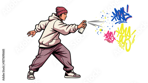 Dynamic Graffiti Artist Spraying Colorful Tag, Urban Street Art Culture, Cartoon Style Character isolated on transparent background, Vector Illustration