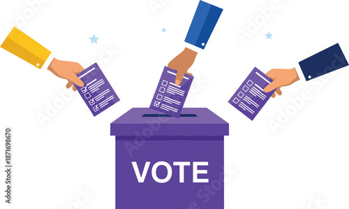 Flat vector illustration of several hands putting paper ballots into a purple box for voting, elections, democracy, and community decision making concepts.