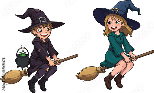 Cartoon witches flying, broomstick ride, Halloween illustration, spooky night, magical fantasy, cauldron bubbling, festive artwork, enchanted characters, seasonal design, playful sorcery