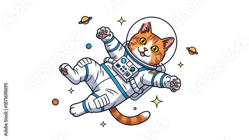 Playful Ginger Cat Astronaut Floating in Space, Cartoon Vector Illustration, Isolated on transparent background, Space Travel & Exploration for Kids & Mascot