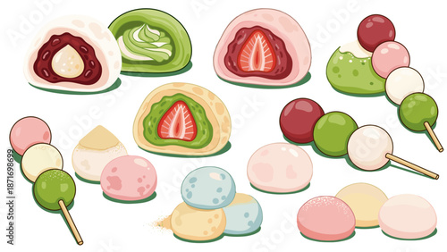 Colorful Mochi and Dango Collection, Japanese Sweet Dessert, Illustration, Asian Cuisine, Food Design Element, Confectionery Still Life isolated on transparent background.