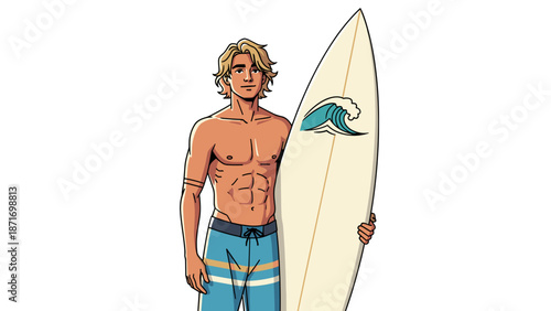 Cartoon Surfer Man with Surfboard Vector Art: Coastal Lifestyle Concept, Summer Adventure Illustration of Confident Athlete, isolated on transparent background