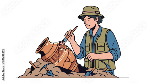 Archaeologist Restoring Ancient Pottery Shard Vase - History and Discovery, Cartoon Style Vector Illustration Isolated on transparent background.