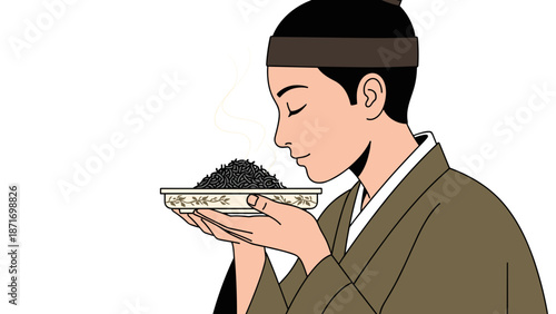 Meditative Asian Man Smelling Tea Aroma: Vector Illustration of Traditional Ceremony, Herbal Wellness and Serenity, isolated on transparent background for stock image.