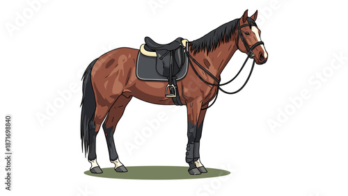 Detailed Brown Horse Illustration with Saddle, Elegant Equestrian Animal isolated on transparent background for Stock Graphics & Design Resources.