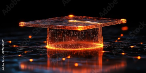 Digital artwork of a graduation cap made from glowing digital connections, representing the impact of technology in education, Generative AI