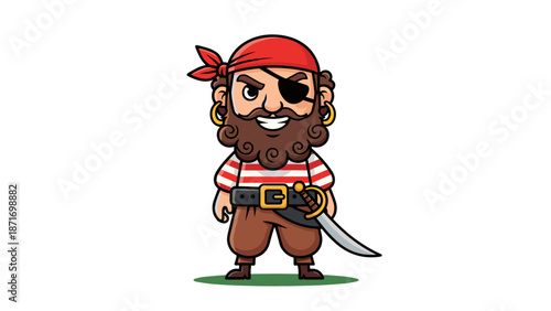 Cute Pirate Cartoon Character With Eye Patch and Sword, Mascot for Kids Branding, Game Asset isolated on transparent background. Vector Illustration.