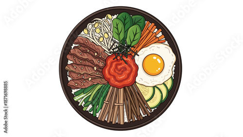 Appetizing Bibimbap Illustration: Korean Food Bowl with Vegetables, Beef, and Egg, a Wholesome Meal Concept, isolated on transparent background. Healthy Lifestyle and Delicious Cuisine