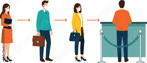 Flat vector illustration of people wearing face masks maintaining social distance while standing in a queue at a service counter for safety protocols.
