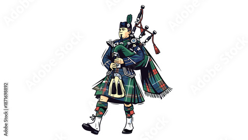 Bagpiper Playing Traditional Scottish Music, Celebration of Heritage and Culture, Isolated on transparent background for Easy Design Integration, Vector Illustration