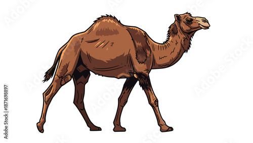 Cartoon Camel Walking: Sahara Desert Animal, Illustration for Kids, Educational Material, isolated on transparent background. Vector Graphic in Simple Style.