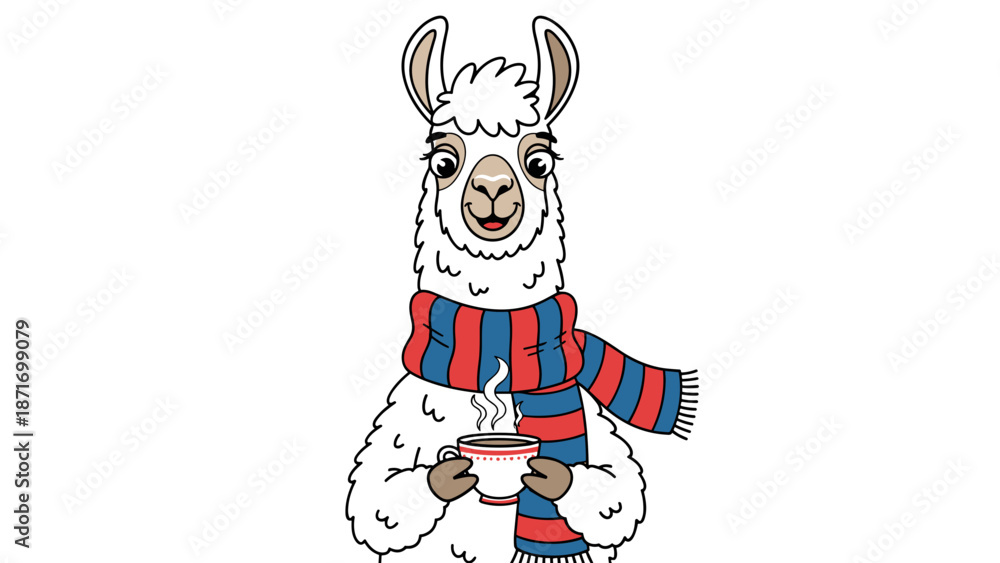 Fototapeta premium Cute Cartoon Llama with Hot Drink in Winter Scarf - Vector Illustration, Cozy Beverage, Isolated on transparent background for Graphic Design and Seasonal Marketing.