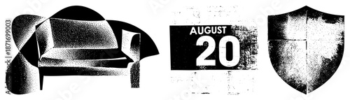 Vintage Halftone Sofa, Date Stamp, and Shield in Retro Graphic Style