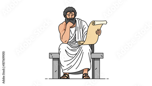 Cartoon Philosopher Contemplating Scroll: Ancient Greek Thinker Seated, Deep in Thought. Wisdom and Education Concept Illustration, Isolated on transparent background.