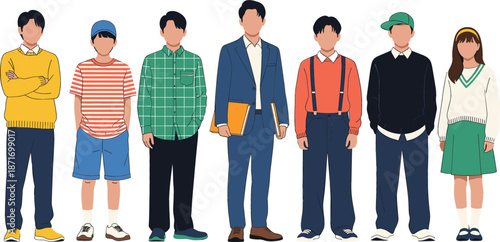 Flat vector illustration of a diverse group of young students standing with a male teacher holding books for education, school, and learning concepts.