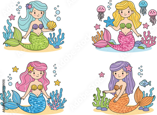 Cute mermaid characters set with colorful hair and tails, underwater fantasy illustration for kids and fairy tales
