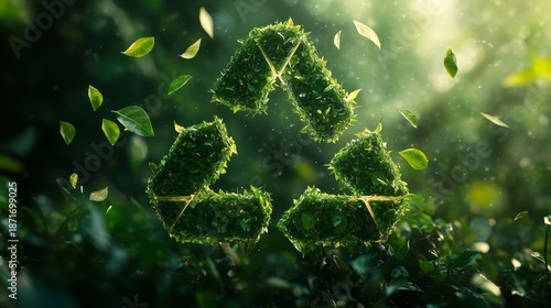 A green Earth made of three triangular symbols, symbolizing the concept of environmental protection and the circular nature of waste management, with small leaves flying around it, Generative AI