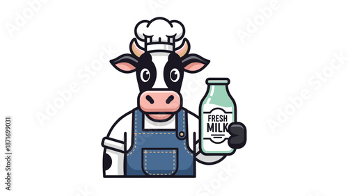 Cartoon Cow Chef Holding Fresh Milk Bottle Illustration, Dairy Farm Mascot, Farm-to-Table, Vector Graphic isolated on transparent background, For Organic Food Packaging