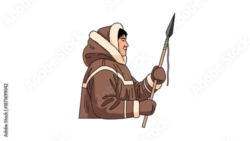 Inuit Hunter with Spear Vector Illustration, Traditional Arctic Lifestyle, Cultural Heritage Graphic, Isolated on Transparent Background
