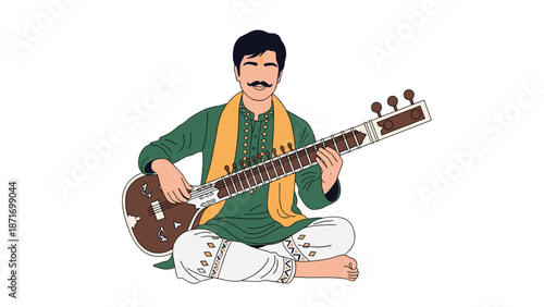 Cartoon Man Playing Sitar: Traditional Indian Musician in Green Kurta, Cultural Icon, Vector Illustration isolated on transparent background.