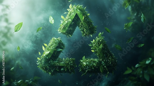 A green Earth made of three triangular symbols, symbolizing the concept of environmental protection and the circular nature of waste management, with small leaves flying around it, Generative AI