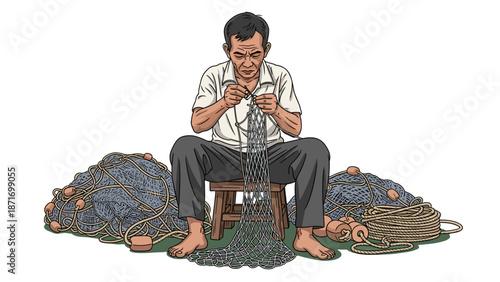 Dedicated Fisherman Mending Fishing Net, Maritime Tradition Vector Illustration Isolated on transparent background. Craftsmanship, Coastal Heritage Stock Image.