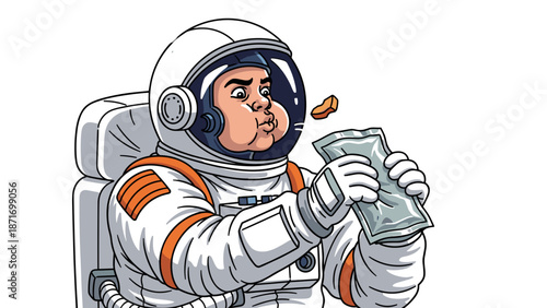 Cartoon Astronaut Eating Space Food - Funny Hunger Concept, Spaceman with Puffed Cheeks, Isolated on Transparent Background, Vector Illustration for Graphic Design