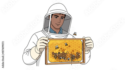 Beekeeper Holding Honeycomb Frame Full of Honey Bees, Pollination, and Honey Production - Vector Illustration isolated on transparent background for design elements.