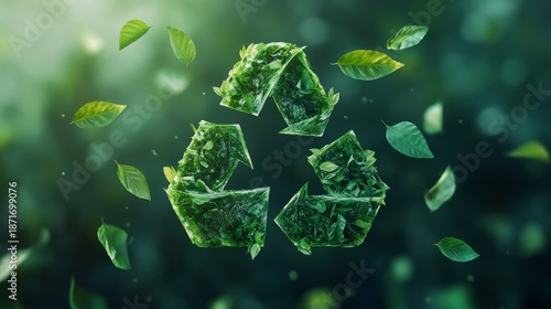 A green Earth made of three triangular symbols, symbolizing the concept of environmental protection and the circular nature of waste management, with small leaves flying around it, Generative AI