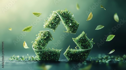 A green Earth made of three triangular symbols, symbolizing the concept of environmental protection and the circular nature of waste management, with small leaves flying around it, Generative AI